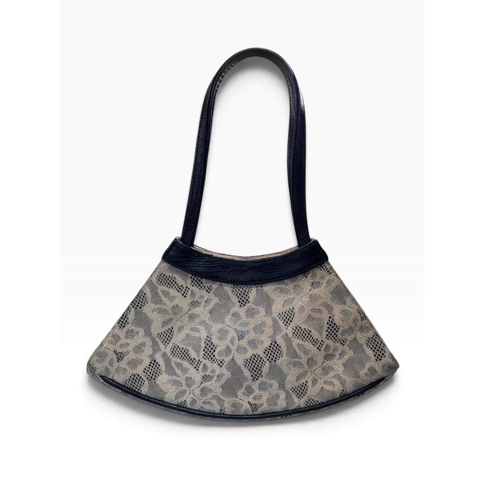 Roberto Vascon Vintage Black Cream Floral Lace Fan Shaped Shoulder Bag Leather